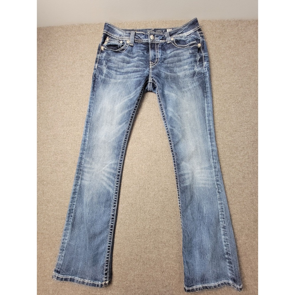 Miss Me Jeans Women's 32 Blue Denim Faded Whiskered Contrast Stitch Bootcut Leg